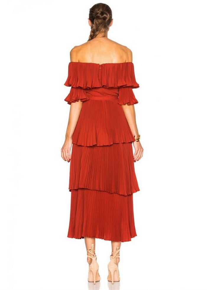 Volanlı Kiremit Rengi Uzun Straplez Elbise - Görsel 3