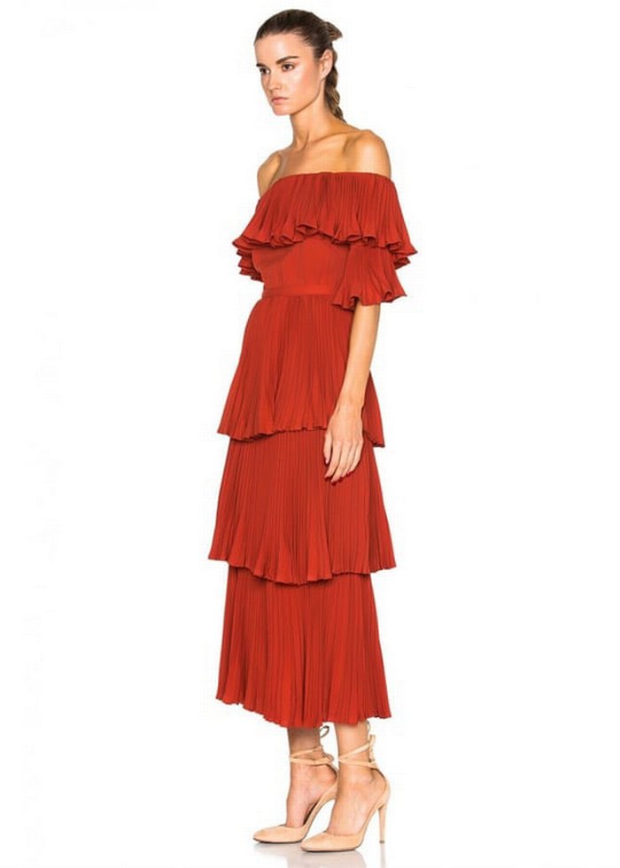 Volanlı Kiremit Rengi Uzun Straplez Elbise - Görsel 2