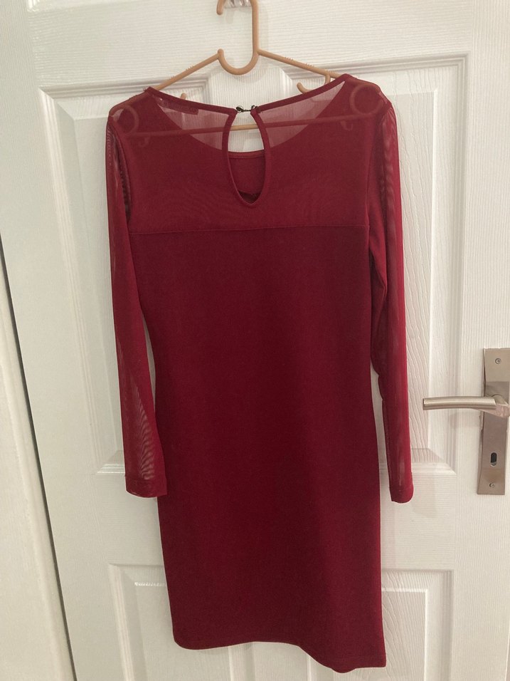 Bordo Uzun Kollu Midi Kadın Abiye Elbise - Görsel 3