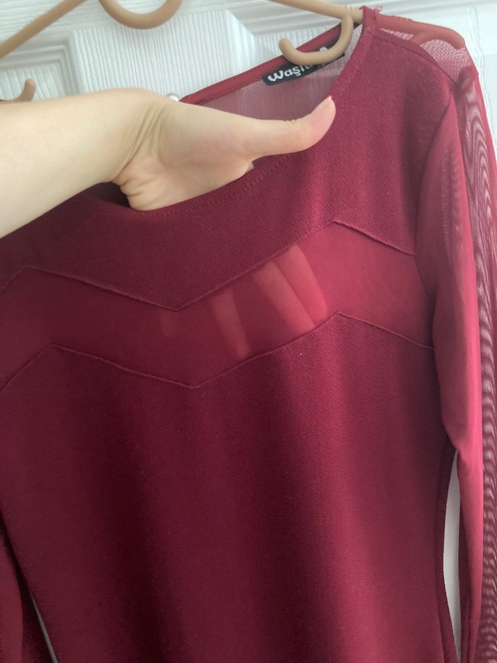 Bordo Uzun Kollu Midi Kadın Abiye Elbise - Görsel 2