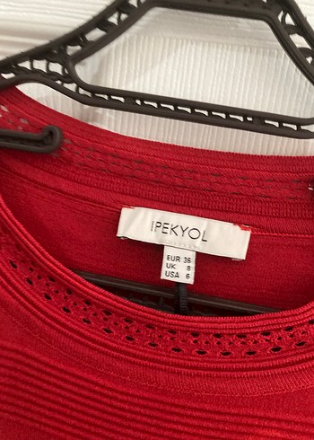 Kısa Kollu Kırmızı Triko Midi Elbise - Görsel 3