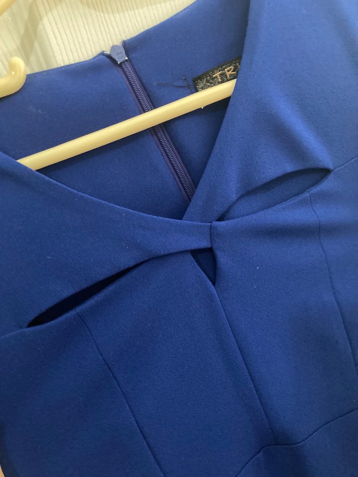 Uzun Kollu Saks Mavisi Midi Boy Kalem Elbise - Görsel 2