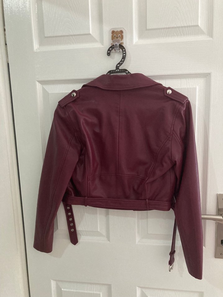 Bershka Bordo Deri Kemerli Biker Ceket - Görsel 3