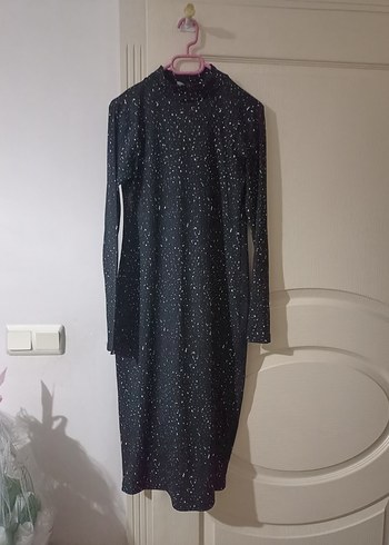 Siyah Yüksek Yakalı Fitilli Midi Elbise - Görsel 6