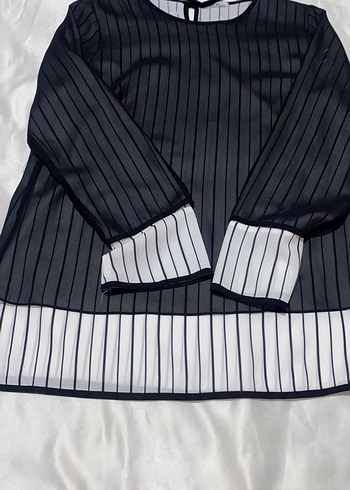 Pileli Siyah Çizgili Uzun Kollu Bluz - Görsel 6