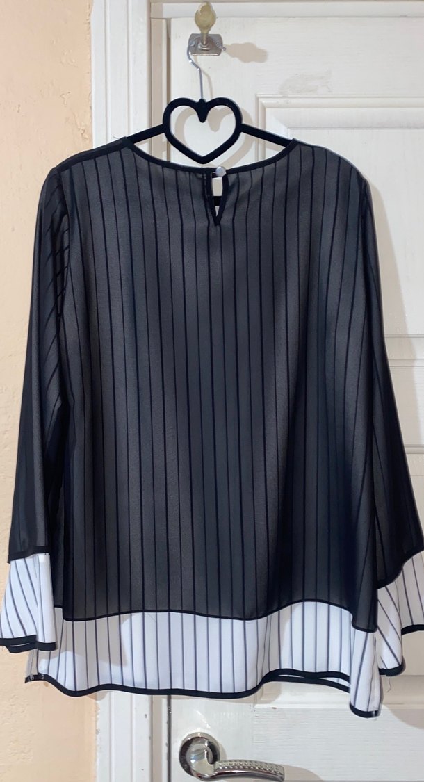 Pileli Siyah Çizgili Uzun Kollu Bluz - Görsel 4