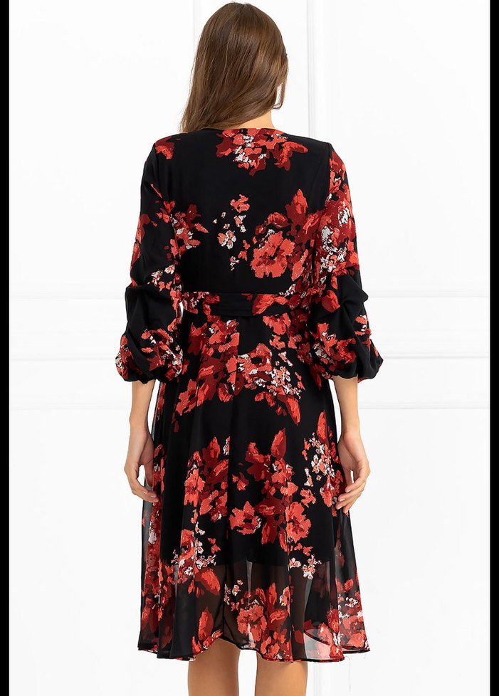 Çiçek Desenli Siyah Uzun Kollu V Yaka Elbise - Görsel 2