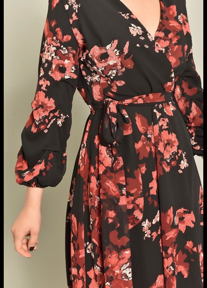Çiçek Desenli Siyah Uzun Kollu V Yaka Elbise - Görsel 3