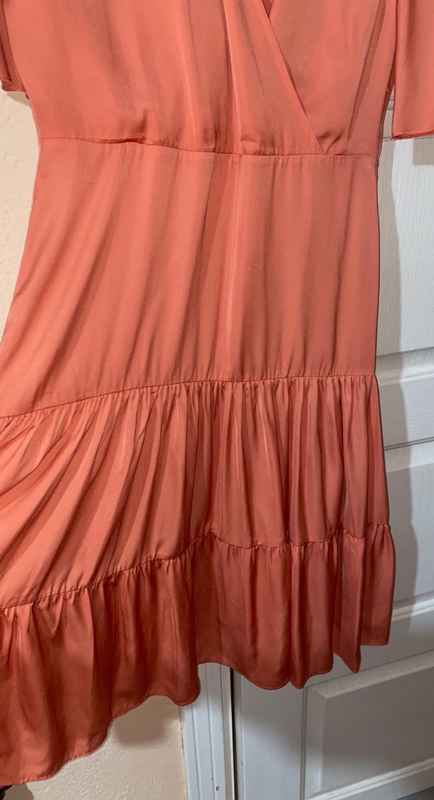 Saten V Yaka Midi Drapeli Kadın Elbise - Görsel 4