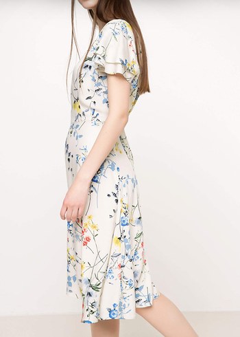 Bohem V Yaka Midi Çiçekli Elbise - Görsel 3