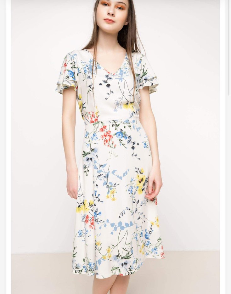 Bohem V Yaka Midi Çiçekli Elbise - Görsel 2