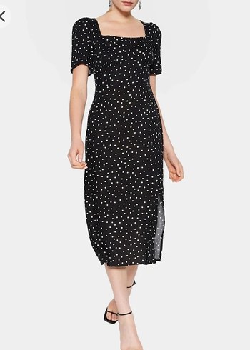 Puantiye Desenli Siyah V Yaka Elbise - Görsel 2