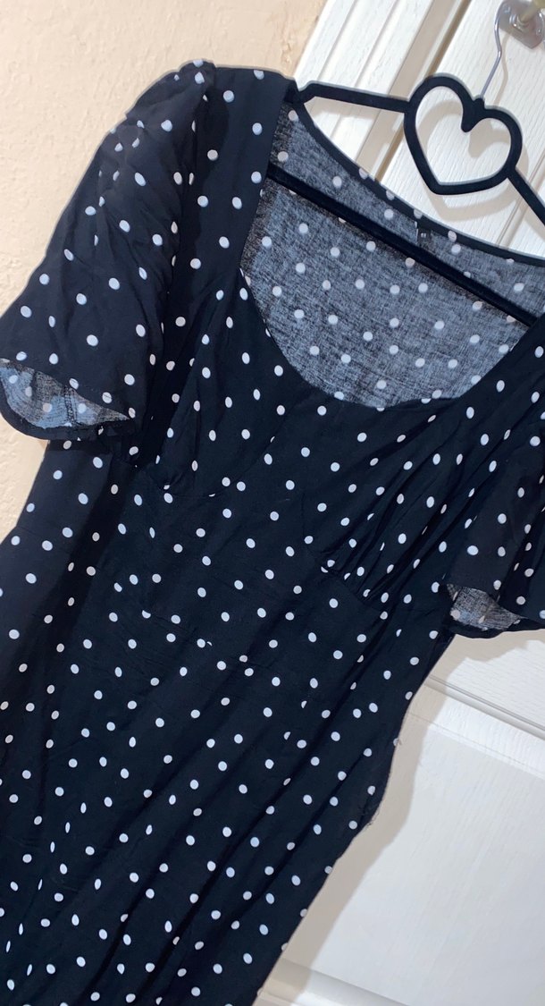 Puantiye Desenli Siyah V Yaka Elbise - Görsel 4