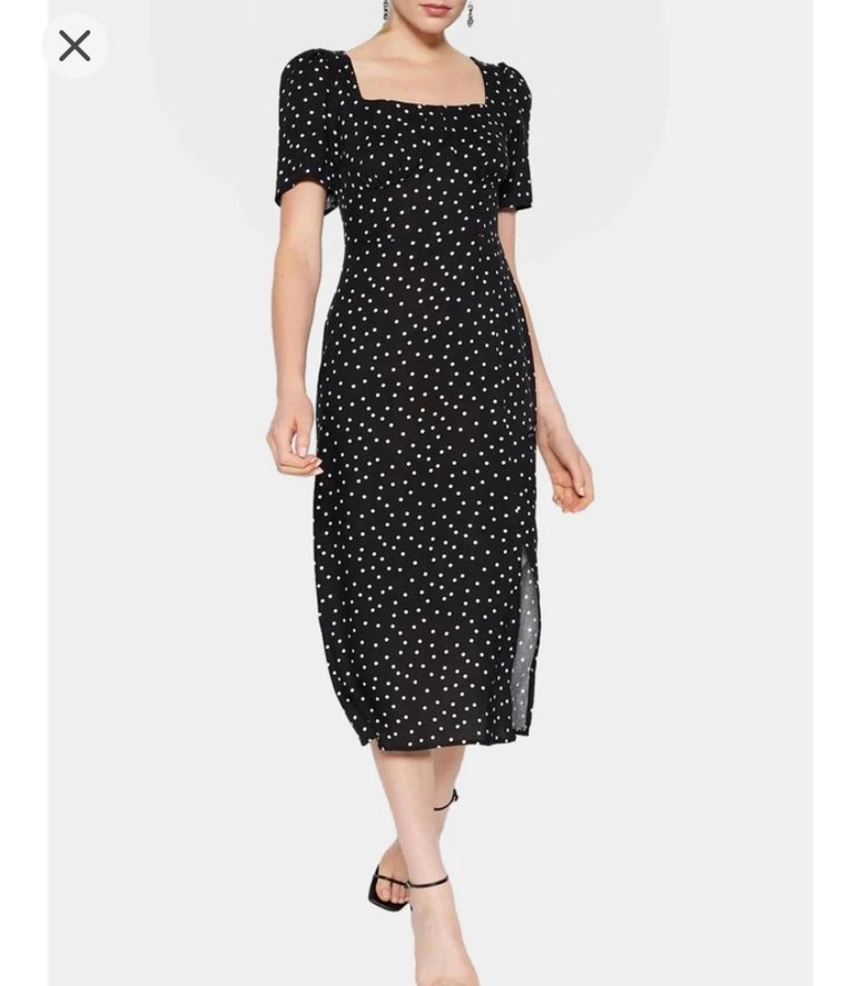 Puantiye Desenli Siyah V Yaka Elbise - Görsel 2