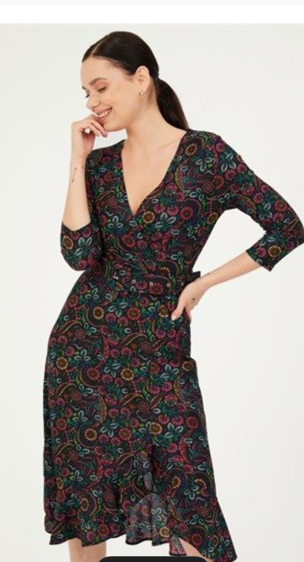 Kemerli Yarım Kol Eteği Volanlı Örme Krep Elbise - Görsel 3