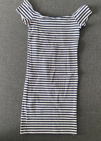 Bershka Çizgili Midi Kadın Elbise, Kayık Yaka, Kısa Kollu - Görsel 2