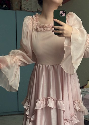 Pembe Vintage Abiye Uzun Prenses Elbise Fırfırlı - Görsel 2