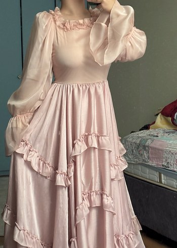 Pembe Vintage Abiye Uzun Prenses Elbise Fırfırlı - Görsel 4