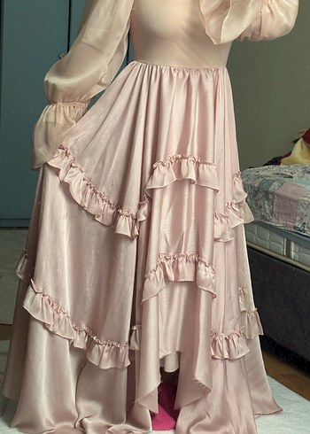 Pembe Vintage Abiye Uzun Prenses Elbise Fırfırlı - Görsel 3