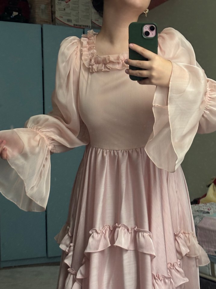 Pembe Vintage Abiye Uzun Prenses Elbise Fırfırlı - Görsel 2