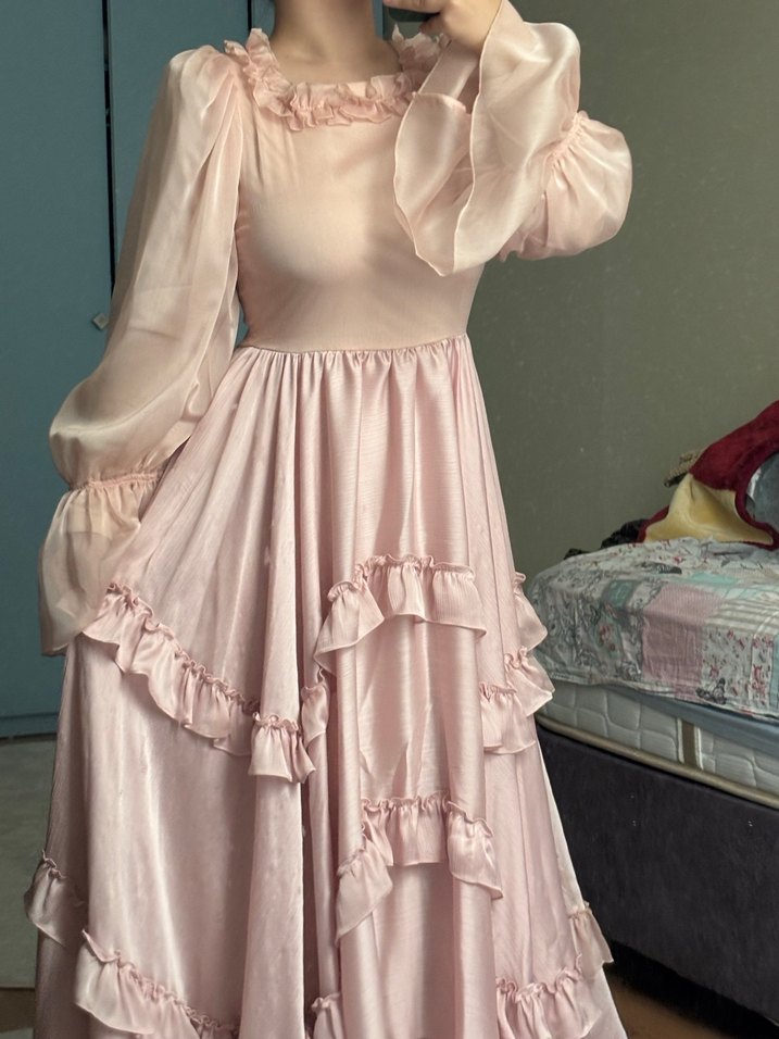 Pembe Vintage Abiye Uzun Prenses Elbise Fırfırlı - Görsel 4