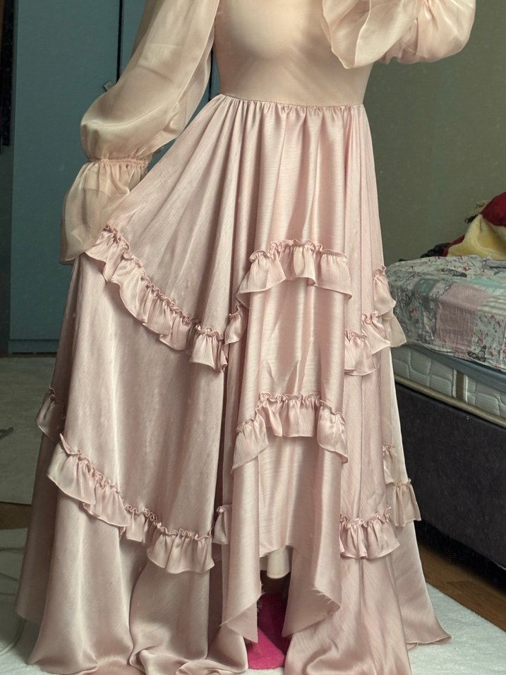 Pembe Vintage Abiye Uzun Prenses Elbise Fırfırlı - Görsel 3