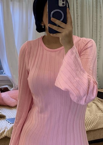 Pembe Uzun Kollu Triko Elbise - Görsel 3