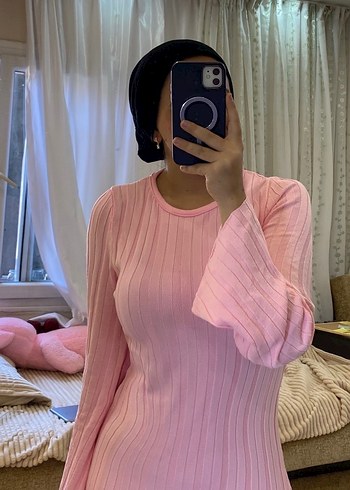 Pembe Uzun Kollu Triko Elbise - Görsel 2