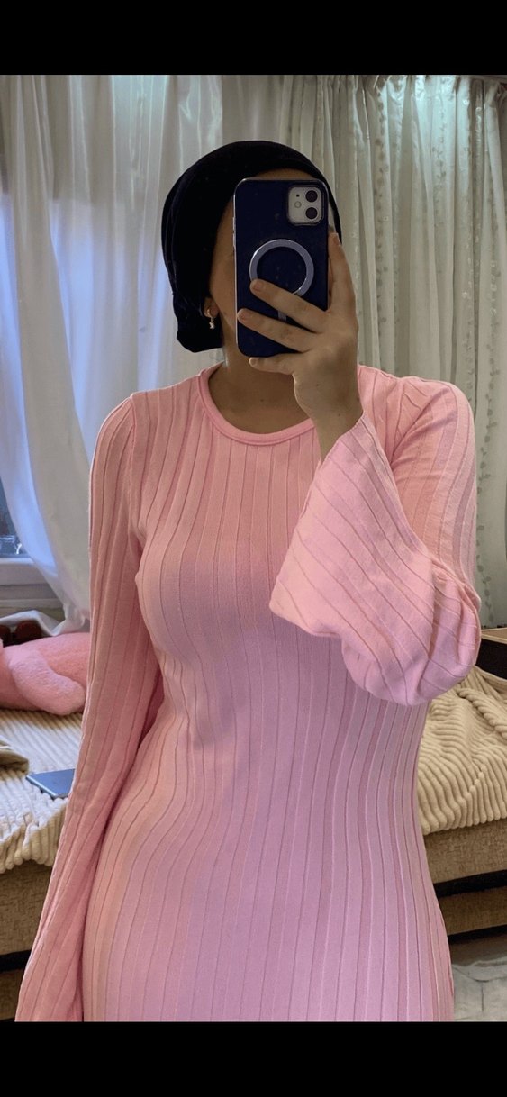 Pembe Uzun Kollu Triko Elbise - Görsel 3