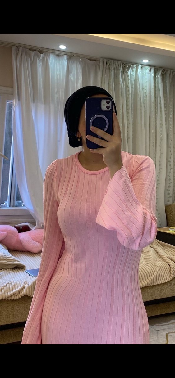 Pembe Uzun Kollu Triko Elbise - Görsel 2