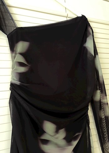 Siyah Drapeli Asimetrik Uzun Kadın Elbisesi - Görsel 2