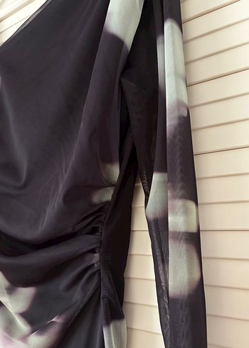 Siyah Drapeli Asimetrik Uzun Kadın Elbisesi - Görsel 3