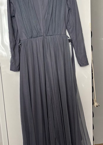 Gri Uzun Kollu Drapeli Kadın Abiye Elbise - Görsel 5