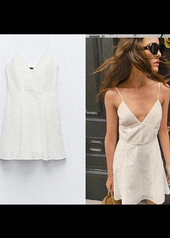 Zara Dantel Detaylı Beyaz Mini V Yaka Elbise