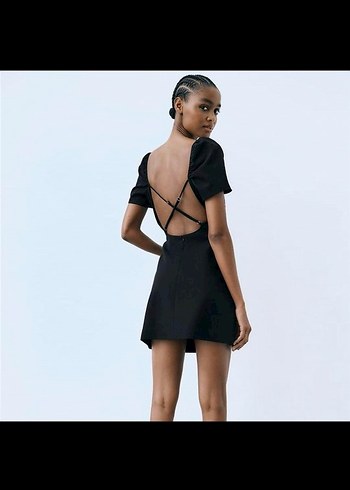 Zara linen Siyah V Yaka Mini Elbise