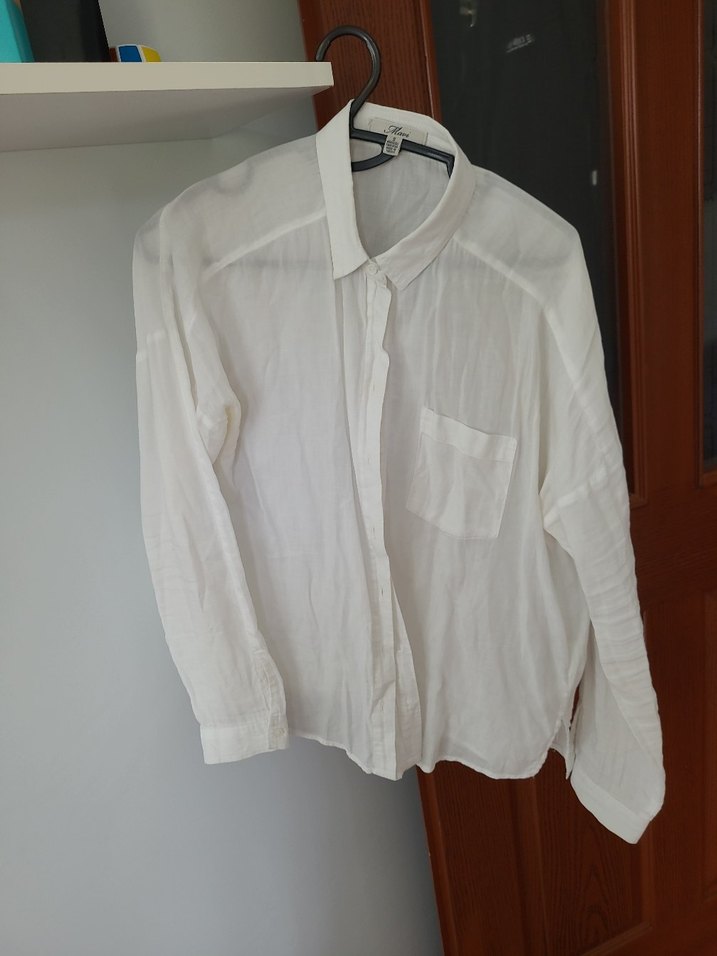 Düğmeli Beyaz Keten Kısa Kollu Gömlek - Görsel 2