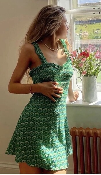 Zara Zara Çiçek Desenli Yeşil Elbise