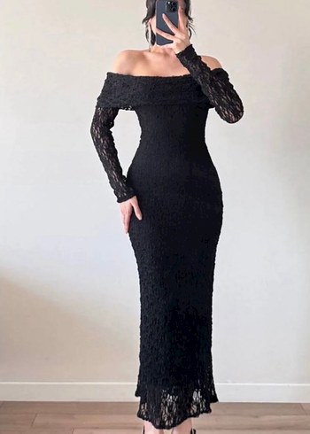 Zara Siyah Dantel Maxi Elbise