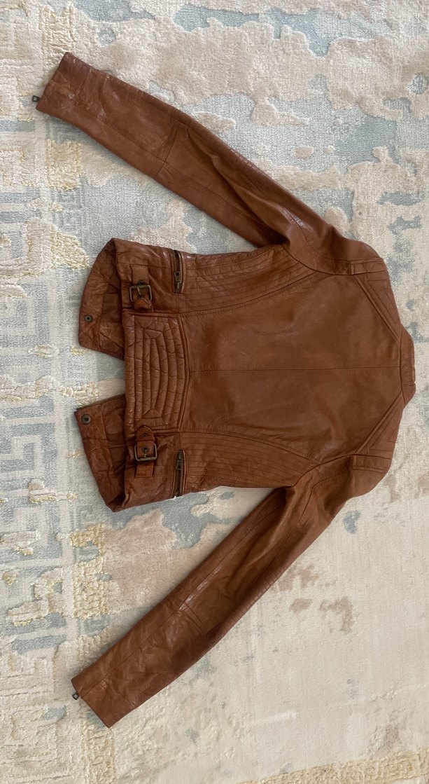 Kahverengi Deri Biker Ceket - Görsel 4