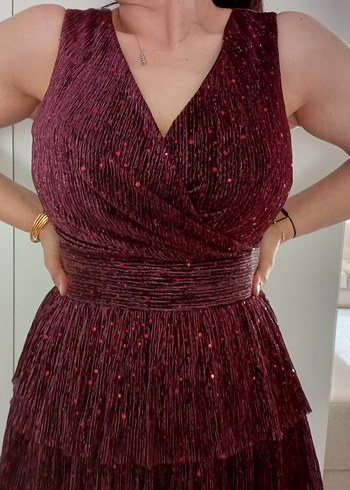 Burgundy Pilili V Yakalı Mini Abiye Elbise - Görsel 2