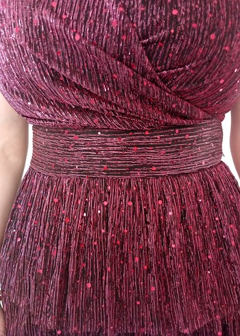 Burgundy Pilili V Yakalı Mini Abiye Elbise - Görsel 3