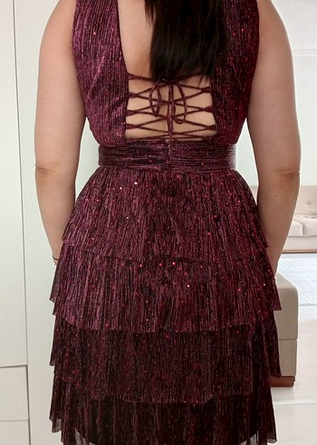 Burgundy Pilili V Yakalı Mini Abiye Elbise - Görsel 4