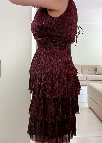 Burgundy Pilili V Yakalı Mini Abiye Elbise - Görsel 5