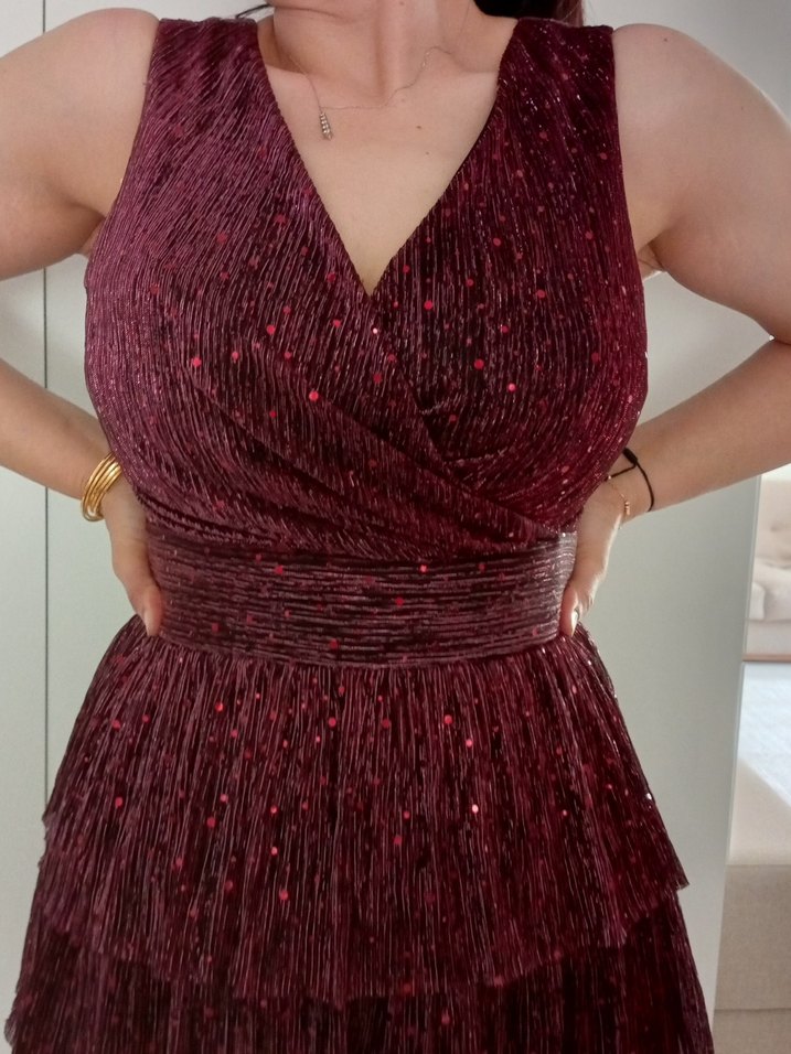 Burgundy Pilili V Yakalı Mini Abiye Elbise - Görsel 2