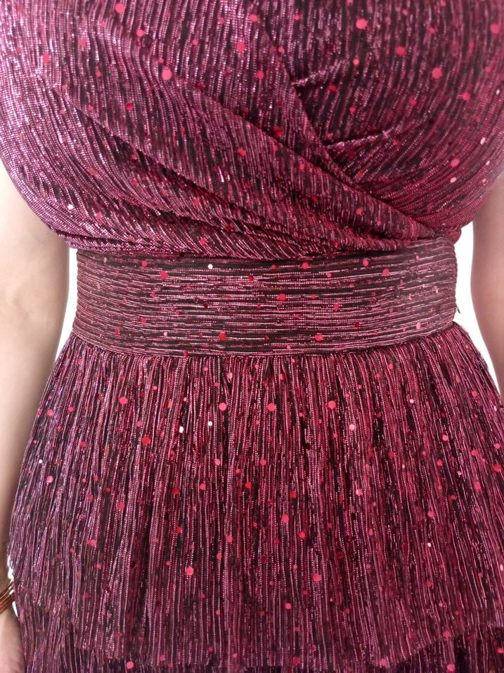 Burgundy Pilili V Yakalı Mini Abiye Elbise - Görsel 3