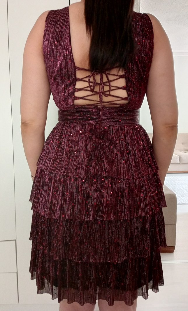 Burgundy Pilili V Yakalı Mini Abiye Elbise - Görsel 4