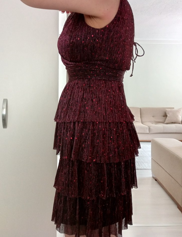 Burgundy Pilili V Yakalı Mini Abiye Elbise - Görsel 5