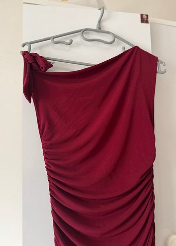 Bordo Drapeli Straplez Uzun Elbise - Görsel 3