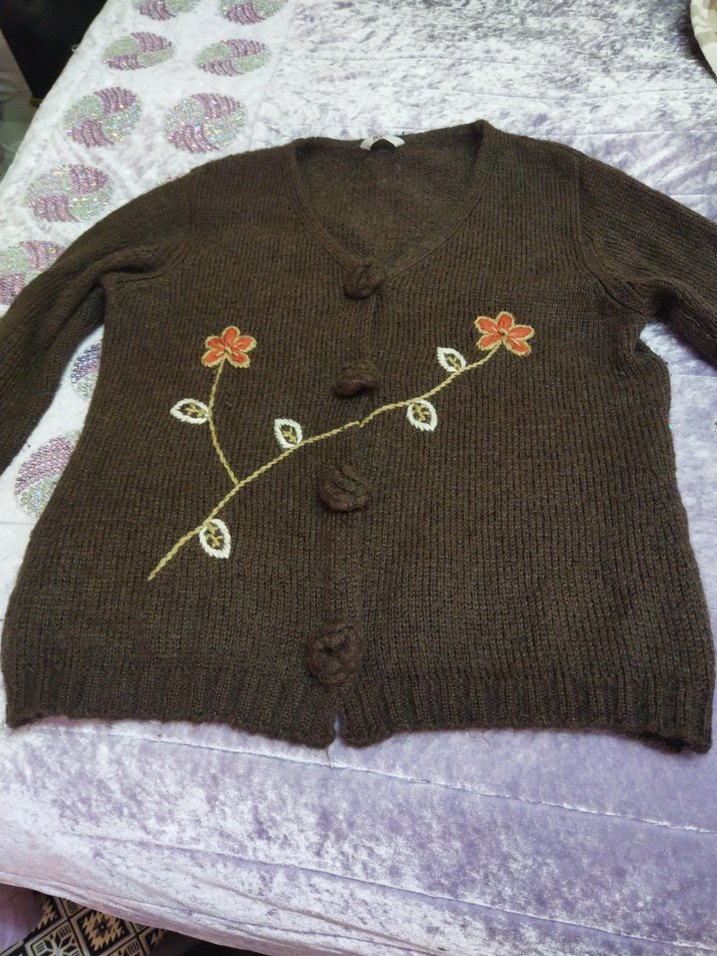 Nakışlı Kahverengi Bohem Örgü Hırka - Görsel 3