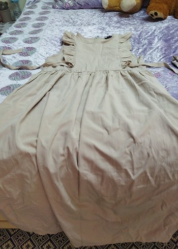 Kız Çocuk Bej Kolsuz Fırfırlı Elbise - Görsel 3